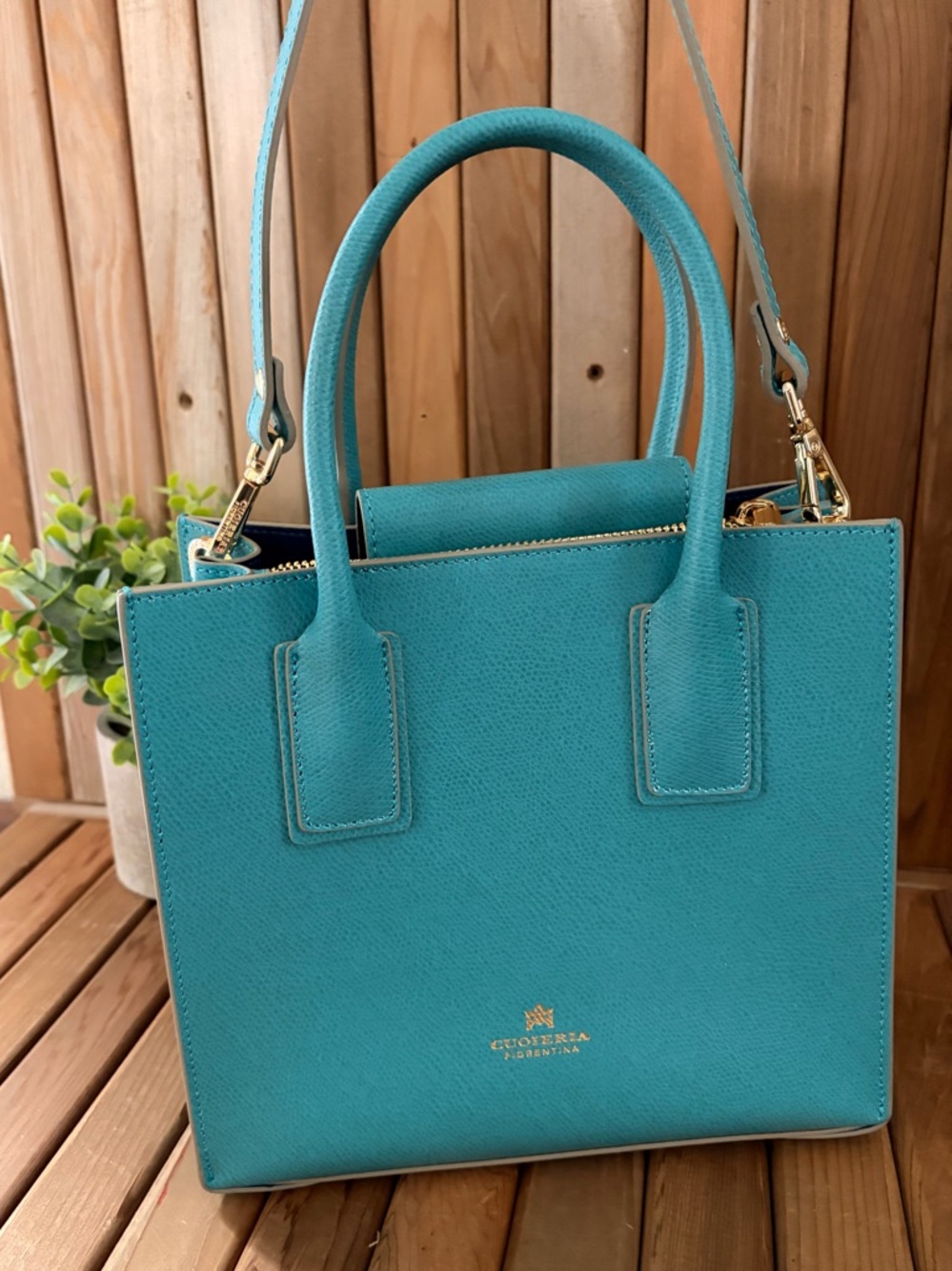 Cuoieria Fiorentina Italian Mini Structured Tote Crossbody Quiet Luxury in Teal - Picture 8 of 10